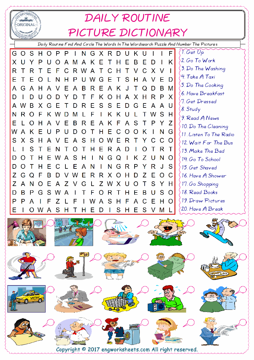  ESL wordsearch worksheets for kids, find Daily Routine words in the word wordsearch write its number on its picture English worksheet. 